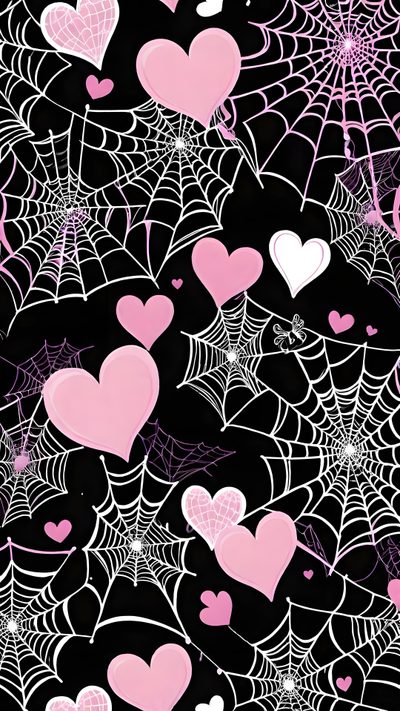 pink hearts and spider webs on black background Cute Halloween Heart Pink Grunge Iphone, Cute Spider Web Background, Halloween Heart, Cute Hollowed, black
