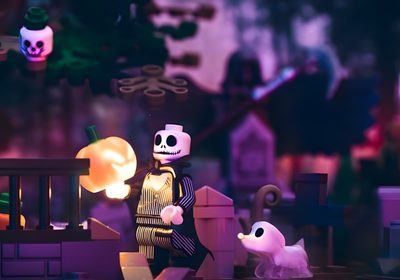 there is a lego skeleton and ghost in the scene Halloween Lego Lego Nightmare Before Christmas, Lego Skeleton Gif, Jack Skellington Lego, dark slate gray