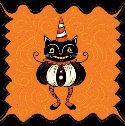 a black cat wearing a party hat and dress on an orange background with swirls Johanna Parker Halloween Vintage Halloween Illustration, Vintage Halloween Images, Vintage Halloween Art, chocolate