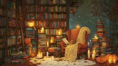 a room filled with lots of books and candles in front of a book shelf full of books Halloween Library Cozy Desktop, Cozy Fashion, Cozy Computer Background, dark olive green
