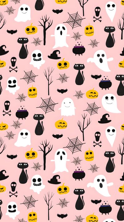 halloween seamless pattern with ghost, pumpkins and bats on pink background for wallpaper Halloween Custom By Tinydesigns Patterns Halloween, Whimsical Halloween, Preppy Halloween Background, pink