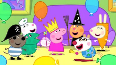 peppa's birthday party is in the air with balloons and other characters around Peppa Pig Halloween Peppa Pig Halloween, Peppa Pig Pumpkin Party Pumpkin Party, Peppa Pig Halloween Pictures, dark khaki