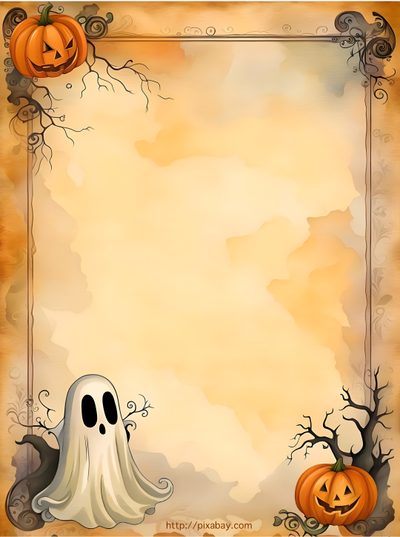 a halloween frame with two pumpkins and a ghost Halloween Templates Holiday Writing Paper, Good Night Love Pictures, Holiday Stationary, khaki