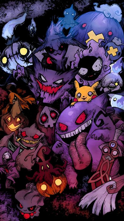 an image of some cartoon characters on a black background with purple and yellow lights in their eyes Gengar Halloween Dark Pokémon, Groudon Pokemon, Tatuagem Pokemon, Pokemon Halloween, dark slate gray