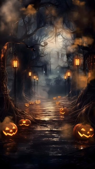 a halloween scene with pumpkins on the ground and lanterns hanging from trees in the air Halloween Live Gif Moving Iphone, Halloween Images, Horror Photos, Happy Halloween Gif, Halloween Gif, black