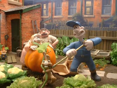 three cartoon characters are working in the garden with pumpkins and cabbage plants on display Wallace And Gromit Halloween Hd Wallace And Gromit Halloween, Wallace And Gromit Carrot, Wallace And Gromit Bunny, dim gray