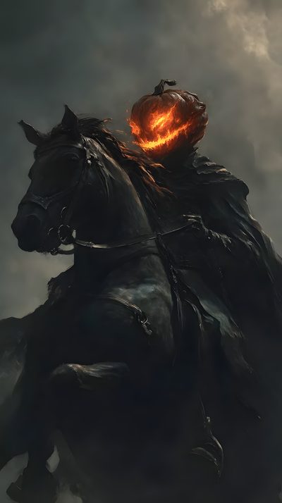 a man riding on the back of a black horse next to a fireball in the sky Halloween Headless Horseman Photo Halloween, Modern Graphic Art, Halloween Gif, Headless Horseman, black