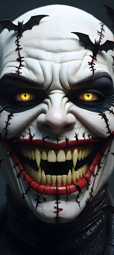 an evil clown with yellow eyes and fangs Halloween Face Skull Iphone, Beautiful Sunset Pictures, The Joker Illustration, Clown Horror, dark slate gray
