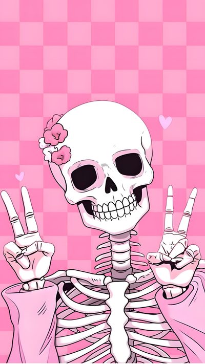 a skeleton holding up two fingers in front of a pink checkered background with hearts Cute Aesthetic Halloween Skeleton Cute Pink Halloween Phone Background, Pink And Black Skeleton, Pink Skull Aesthetic,