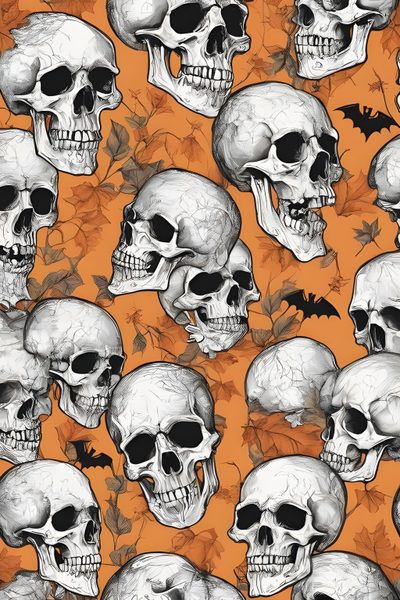 skulls and bats on an orange background Halloween Skull And Bat Autumn Skull Design, Diy Halloween Decor Ideas, Halloween Skull, peru