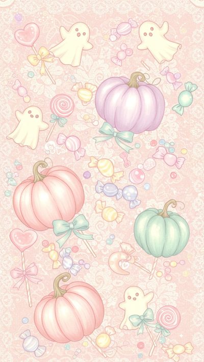 a pink background with some candy and candies in the shape of pumpkins on it Pastel Halloween Medium-pumpkin Patch Halloween, Pastel, antique white