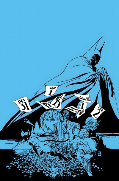 a blue and black poster with an image of a man in a cape on top of a Batman The Long Halloween 2 The Long Halloween Art, Batman The Long Halloween Comic Art, Batman The Long Halloween Comic Cover, medium turquoise