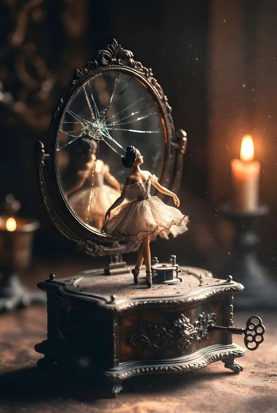a small figurine is standing on top of a table next to a clock Halloween Ballerina Music Box Aesthetic Vintage, Vintage Music Box Aesthetic, Fantasy Music Box, dark slate gray
