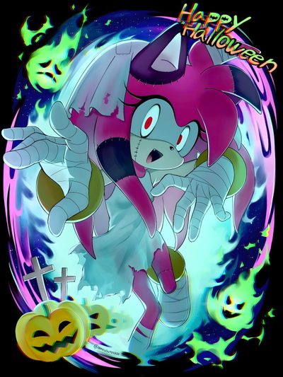 an image of a cartoon character in the air with a happy halloween message on it Amy Rose Halloween Vampire Amy Rose, Amy Sonic Boom Fanart, Sonic Vampire Amy, Witch Amy Rose, dim gray