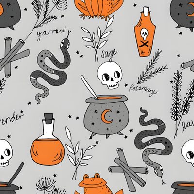 halloween seamless pattern with skulls, caulders and other items on grey background Halloween Spooky Cauldron Snakes Potions Halloween Spooky Cauldron Snakes Potions, Poison Pattern, Cauldron Pattern Fabric, light gray