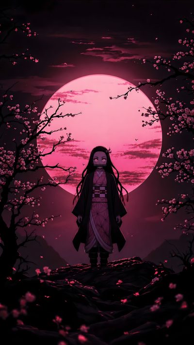 a woman standing in front of a full moon with cherry blossoms on the ground and trees Anime Halloween Aesthetic Nezuko Kamado, Demon Slayer Nezuko, Nezuko Hd, Nezuko Phone, Nezuko Aesthetic, black