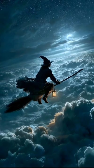 a man riding on the back of a broom in the sky Halloween Flying Monster Halloween Live, Vintage Halloween Cards, Halloween Yard Art, dark slate gray