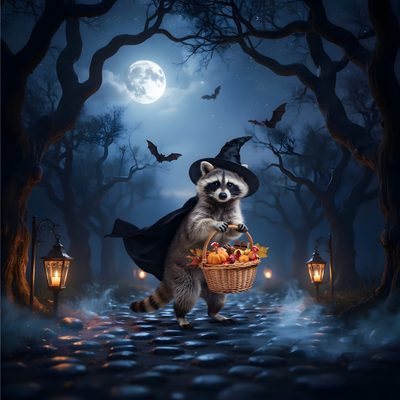 a raccoon dressed as a witch holding a basket full of food Halloween Raccoon Halloween Art, Halloween, dark slate gray