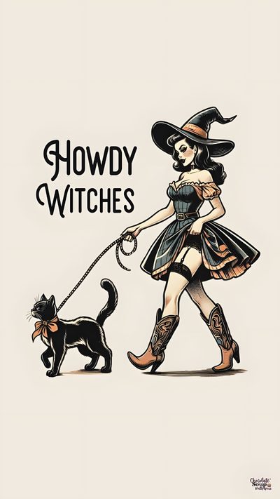 a woman in a witch costume is walking her cat with the words, hoddyy witches Halloween Pin Up Vintage Witch, Witch And Cat Iphone, Cowboy Halloween, Cowgirl Halloween, antique white
