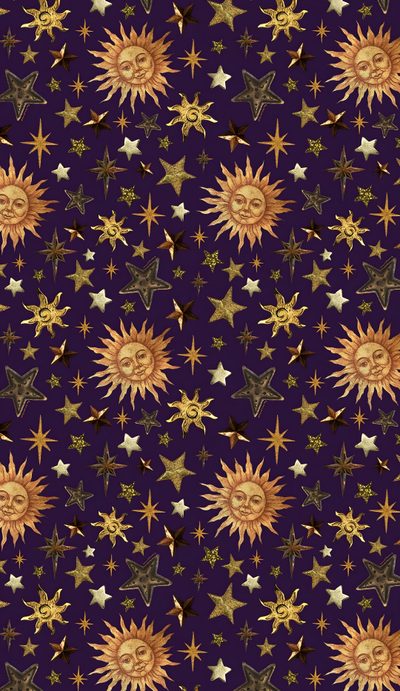 the sun and stars are all different colors on this purple background with gold, silver, and black accents Halloween Sun Pattern Majestic Backgrounds, Whimsygoth Background, Fantasy Pattern, midnight blue