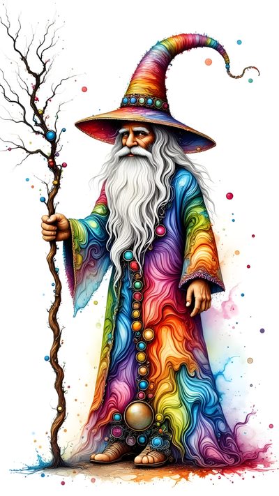 an image of a wizard holding a wand and wearing a rainbow outfit with long white hair Merlin Wizard Halloween Rainbow Purple Crazy Wizard Art, Wizard Images, Magical Illustration, snow