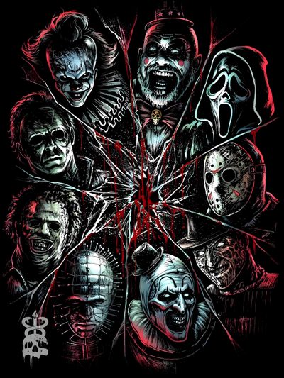 Horror Icons Mash-Up Stranger Things Artwork, Happy Halloween Gif, Monster Artwork, Horror Pictures, Horror Movie Icons, Horror Artwork, Scary Games, Evil Clowns, Horror Posters Halloween Horror Characters Stranger Things Artwork, Happy Halloween Gif, Monster Artwork, black