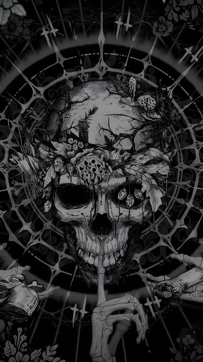 a black and white drawing of a skull with flowers on it's head, surrounded by other skulls Halloween Skulls Hunt Showdown Skull Live, Cpu Live, Skull Live Pc, Moving Iphone, Cool Gothic, black