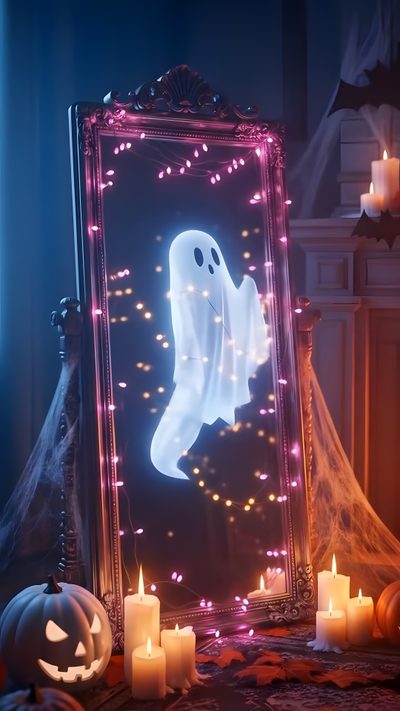 a lighted ghost in front of a mirror with candles Halloween 3d Gif Halloween Is Coming, Long Live Halloween, Halloween Moving Background, dark slate gray