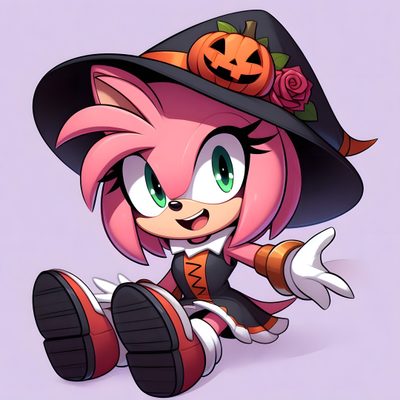 a cartoon character wearing a witches hat and holding a pumpkin on her head, sitting in front of a purple background Amy Rose Halloween Elise The Hedgehog, Amy Rose 2024, Sonic The Hedgehog Amy Rose, thistle