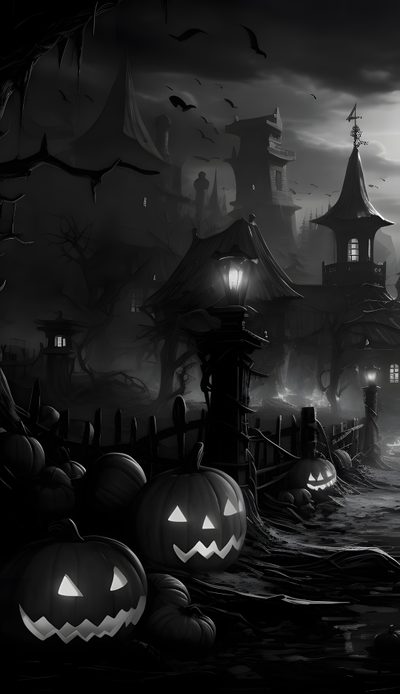 a black and white halloween scene with pumpkins Black Halloween 4k Gothic Halloween, Black And White Halloween, Halloween Black And White,