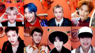 several pictures of the same person with different hair colors Stray Kids Halloween Laptop Skz Pumpkin, Stray Kids Pumpkin Carving, Halloween Pictures, indian red