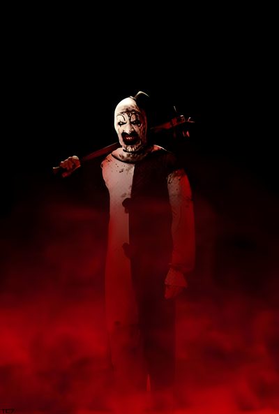 the evil clown is holding a baseball bat in his right hand and standing on a red foggy background Halloween Terrifier Art The Clown Pictures, Art The Clown, Art The Clown Cute, Halloween Terrifier, black
