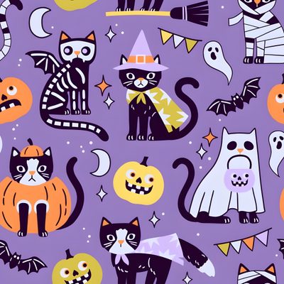 halloween seamless pattern with cats, bats and pumpkins on purple background for wallpaper Halloween Purple Cats Custom Cute Halloween Cat Background, Halloween Cat Background, Halloween Pastel Cat,