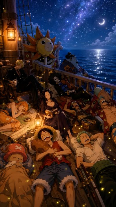 some people are laying down on the deck of a ship at night with stars in the sky Halloween One Piece One Piece Art, Sleeping Under The Stars, One Piece Comic, dark slate gray