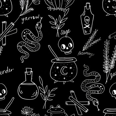black and white halloween doodles on a chalkboard background with pumpkins, caulders, candles, witches Halloween Spooky Cauldron Snakes Potions Halloween Spooky Cauldron Snakes Potions, Ouija Board Pattern, Poison Pattern, black