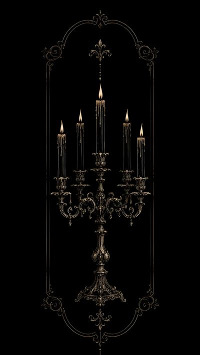 an ornate chandelier with five lit candles in the center on a black background Halloween Chandelier Gothic Style Phone, Romantic Gothic, Classic Gothic, Aesthetic Gothic, black