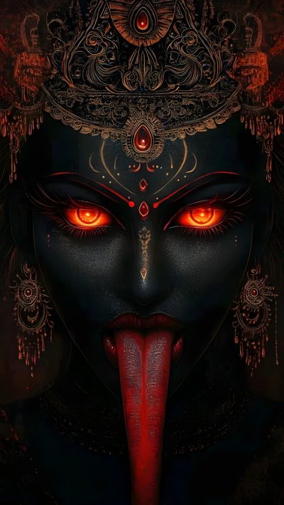 the face of a woman with red eyes and an ornate headdress on it Halloween Kali 2 Kali Mata Full Hd, Orange Halloween Face, Glowing Orange Eyes, Kali Ma Hd, black