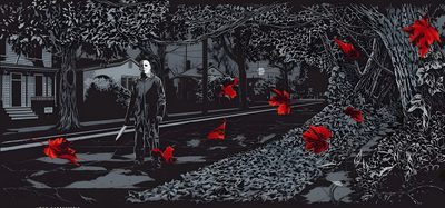 a man standing in the middle of a street surrounded by red flowers and leaves, Halloween Resurrection Horror Macbook, Horror Horizontal, Horror Laptop, dark slate gray