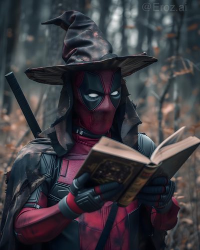 a man dressed as deadpool reading a book in the woods with a hat on Deadpool Halloween Superhero Deadpool, Vampire Deadpool, Deadpool In Dc, dark slate gray
