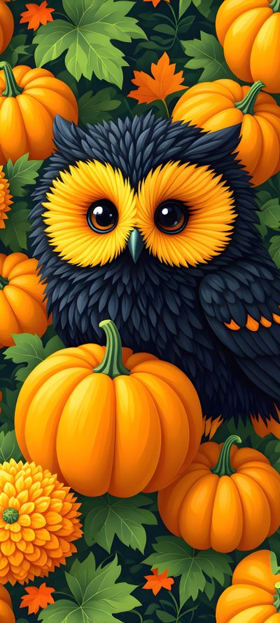 an owl sitting on top of a pile of pumpkins next to flowers and leaves Halloween Owl Fall Owl Background, Owl Screensavers, Cute Fall Owl, Owl Background, saddle brown
