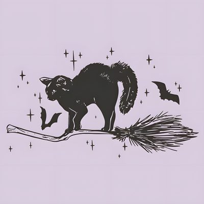 a black cat standing on top of a tree branch with bats flying around in the background Feline Halloween - Black On Lavender Witchy Cats, Witchy Icons Aesthetic, Spooky Kitty, thistle
