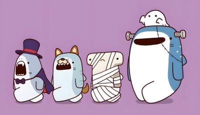 three cartoon characters with different expressions on their faces Baby Shark Halloween Mummy Shark Drawing, Baby Shark Halloween Drawing, Baby Shark Halloween, dark gray