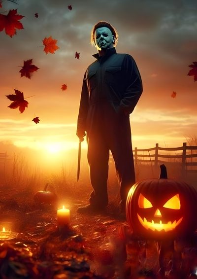 a scary man standing next to two pumpkins in front of a fence with the sun setting behind him Halloween Michael Myers Iphone Backgrounds Michael Myers, Mike Myers Halloween, Halloween Backgrounds Michael Myers, saddle brown