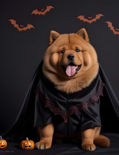 a dog dressed up as a bat with its tongue out Halloween Chow Chow Chow Chow, Halloween, black