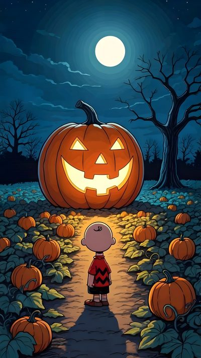 a little boy standing in the middle of a pumpkin patch with a jack - o'- lantern on his head Peanuts Halloween With Pumpkins Peanuts, Vintage Halloween Images, Magical Pictures, dark slate gray
