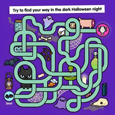 a maze game with an image of a cat and other items on it, which is also Halloween Maze Otomi Embroidery Playmat Cute Mazes, Spooky Maze, Tricky Maze, dark slate blue