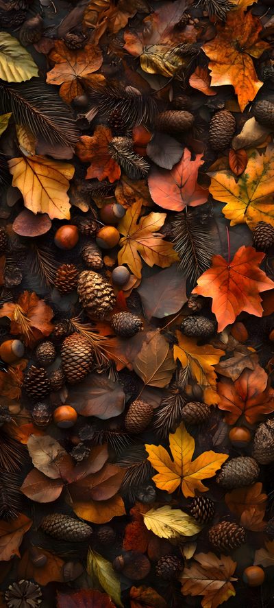 many different types of leaves and acorns on the ground Autumn Halloween 4k Fall Smartwatch, Cold Fall Background, Fall Aesthetic Lockscreen, Fall Cell Phone, black