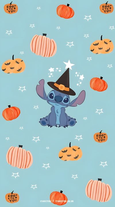 an image of a cartoon character with pumpkins in the background Stitch Halloween Lilo I Stich, Halloween Iphone Backgrounds, Halloween Backgrounds, light steel blue