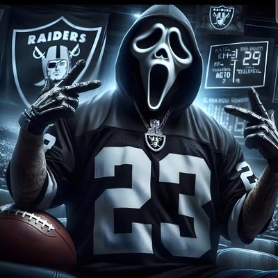 a football player wearing a ghost mask and holding a football in his hand with the number 23 on it Raiders Halloween Football Raiders, Raiders Profile Picture, Cool Raiders Pfp, dark slate gray