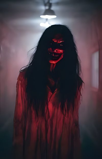 a creepy looking woman with red light on her face and long hair, standing in a dark room Scary Halloween Pictures For Scary Movie Picture, Vampire Dpz, Ghost Girl Horror, Ghost Blood, dark slate gray